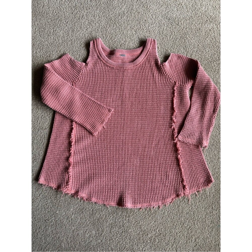 Free People Salmon Pink Cold Shoulder Waffle Knit Sweater Pullover